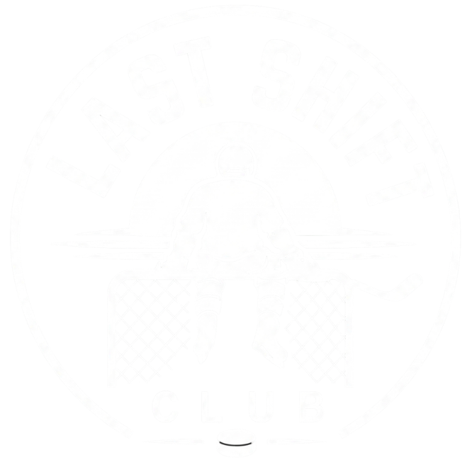 Last Shift Club, Main Logo, Knockout - Hockey player sitting on a net looking at a sunset